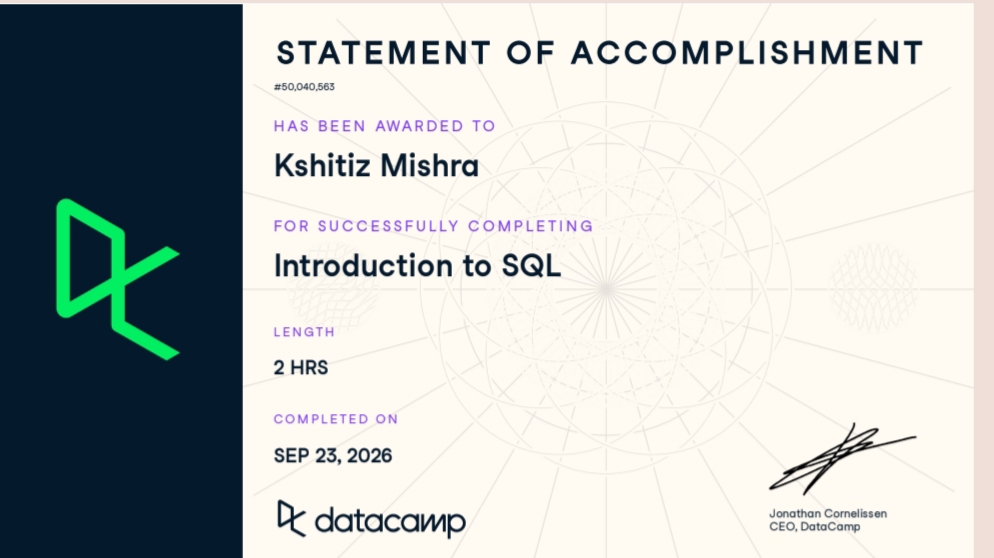 DataCamp Introduction to SQL Certificate